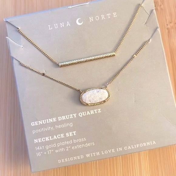 Brand New Luna Norte Genuine Druzy Quartz & Bar 14K Gold Plated Necklace Set - Picture 3 of 14